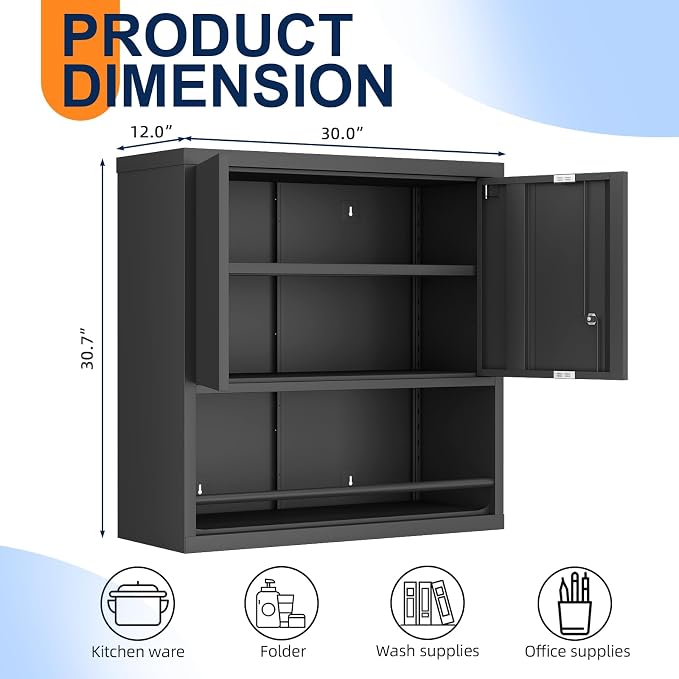 Garage Storage Cabinets,Metal Wall Cabinet with Doors and Shelves,Locking Storage Cabinet for Workshop,Warehouse,Home Office,Black