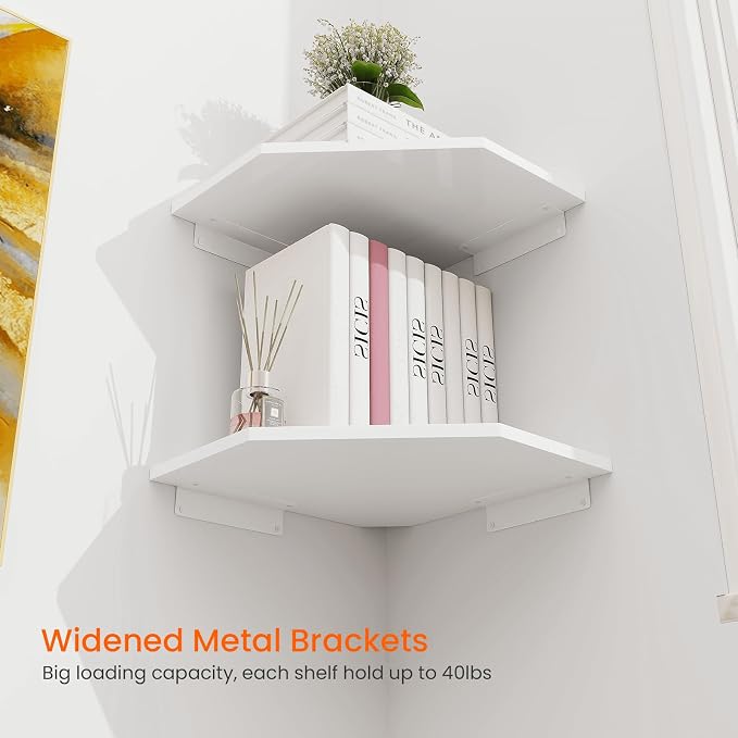 Corner Shelf Wall Mount, Set of 2 Corner Floating Shelves with Cord Hole for Speaker, Cable Box, 2 Tier Wood Hanging Storage Shelf for Bathroom Living Room Bedroom, White