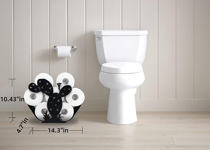 Black Cactus Metal Toilet Tissue Holder, Decorative FreeStanding Paper Holder for Bathrooms, Organizer Holds Extra 8 Rolls