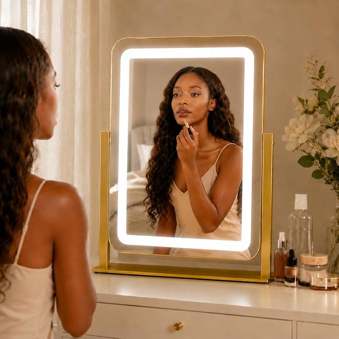 HNV 15" x 13" Gold Lighted Makeup Mirror | Compact gold desk mirror for dorm makeup, foundation checks, eyeliner, brows, mascara and skincare.