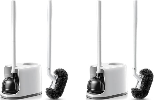 HAMITOR Toilet Plunger and Brush Set for Bathroom Cleaning, 2 Pack | Curved Design Bristles for Deep Cleaning Under Rim - Compact Bathroom Cleaning Tools for New Homet Essentials, White