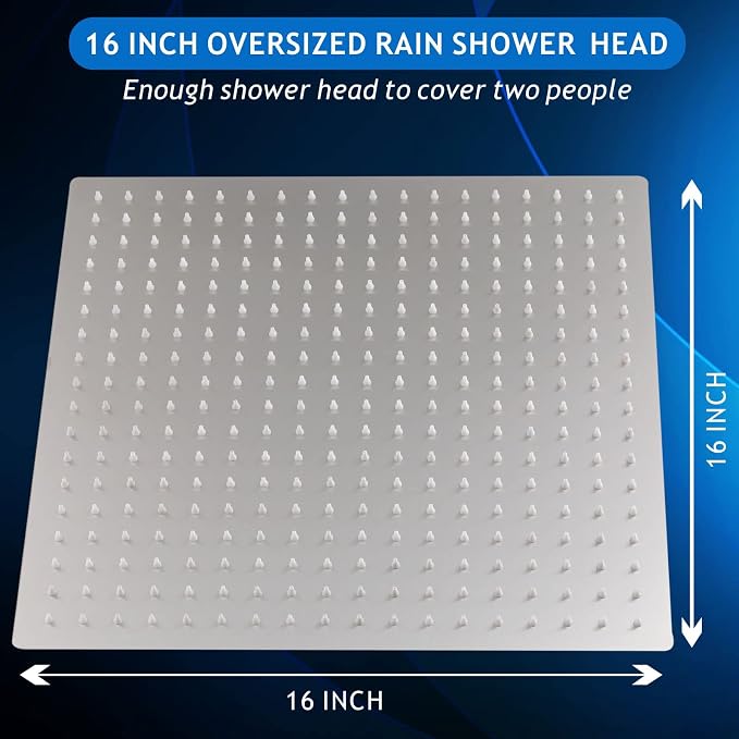 Voolan Oversize Rain Shower Head - High Flow Square Rainfall Showerhead - Waterfall Full Body Coverage - Universal Ceiling or Wall Mount (16 Inch, Brushed Nickel)