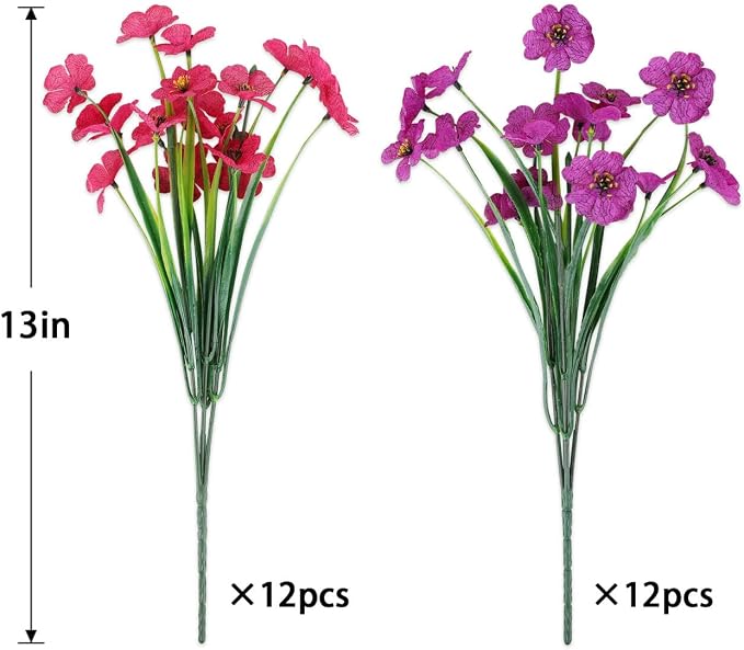 24PCS UV Resistant Artificial Flowers for Outdoors, Purple + Rosy | Silk & Plastic, for Hanging Baskets, Window Boxes & Planters, Porch, Yard, Garden, Spring Outdoor Home Decorations