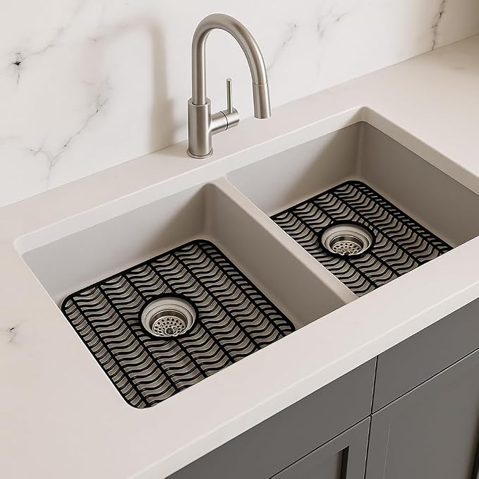 Dependable Industries Inc. Essentials 2 Pack Plastic Sink Protector Mat with Center Drain Cutout Protect Sink and Glasses and Dishes from Scratches and Breaks 12" x 11" (Black)