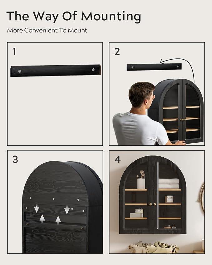 Arched Wall Cabinet, Large Bathroom Medicine Cabinet Wall Mounted Cupboard, Modern Floating Storage Cabinet with Acrylic Door Adjustable Shelf, Wood Organizer (Black-Oak)