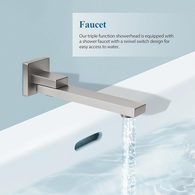 Brushed Nickel Square Rainfall Shower Head Set with Handheld & Faucet, 12" | Wall Mounted Bathroom Shower Faucet, 12 Inch Square Head, With Shower Valve, Rustproof Brushed Nickel, High Pressure Raindrop