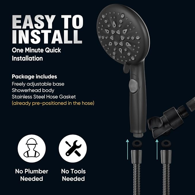 Cobbe 9 Spray Modes Handheld Shower Head, Water-Saving, Matte Black | Power Rinse, 1-Click Pause & Flow Control, 6ft Stainless Steel Hose, Adjustable Brass Bracket