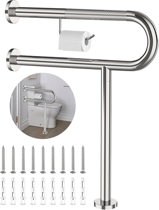 ZUEXT 24x28 Inch Chrome Knurled Toilet Grab Bar with Toilet Paper Holder | Wall to Floor, Anti-slip Handicap Grab Bar, Stainless Steel Bathroom Support Rail with Leg, For Elderly Disabled Pregnant