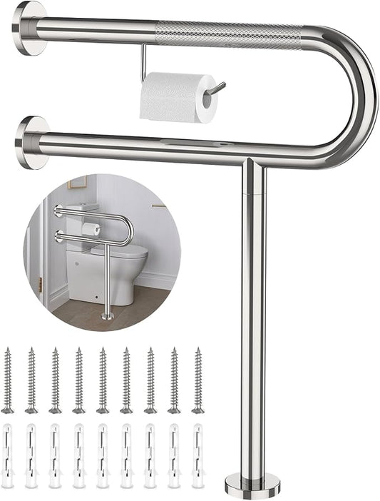 ZUEXT 24x28 Inch Chrome Knurled Toilet Grab Bar with Toilet Paper Holder | Wall to Floor, Anti-slip Handicap Grab Bar, Stainless Steel Bathroom Support Rail with Leg, For Elderly Disabled Pregnant