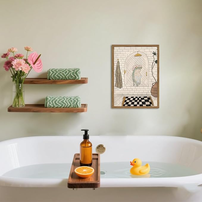 Cute Frog Bathroom Wall Art Funny Frog Shower Wall Decor Picture Quirky Animal Restroom Poster Canvas Painting Print 24x16 inch Wood Framed