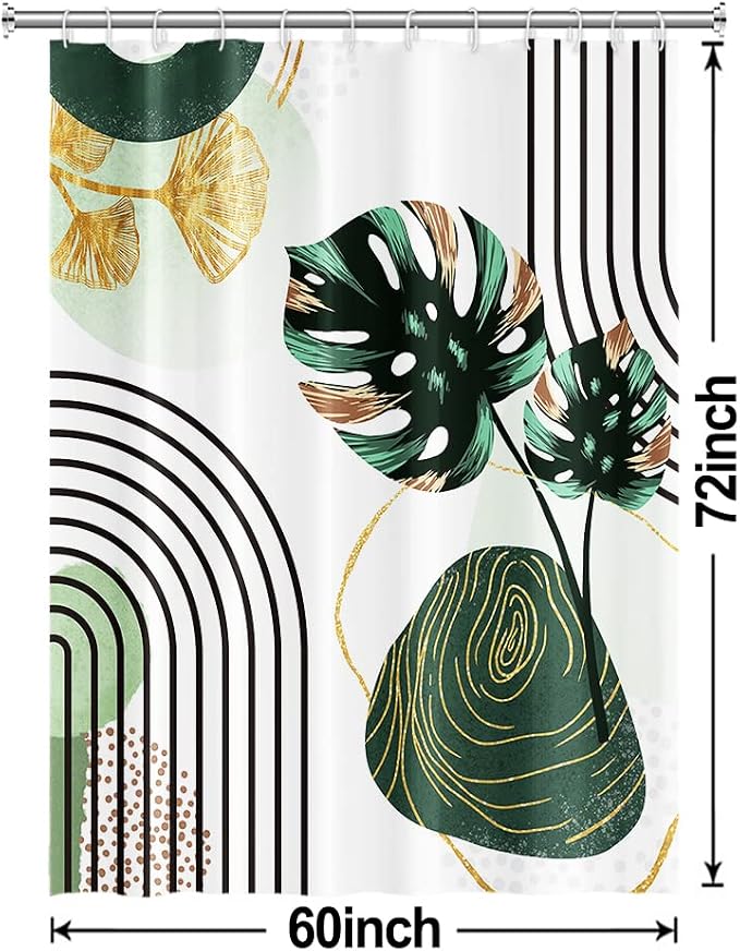 Boho Green Shower Curtain with Hooks for Bathroom 6072 Inch | Waterproof Abstract Green and Gold Leaves Shower Curtain Set, Mid Century Bathroom Decor