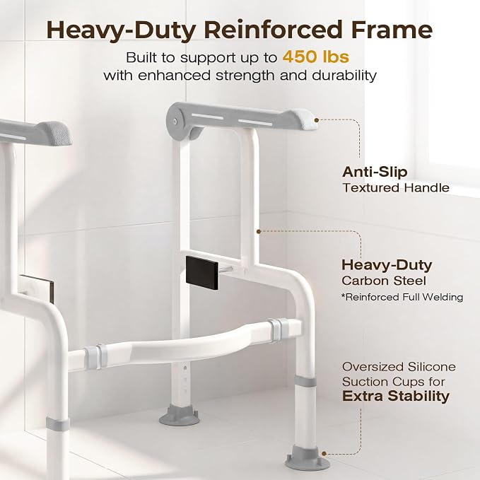 Toilet Safety Rails for Elderly & Disabled with Glow-in-the-Dark Handles, 450 lbs Heavy-Duty Frame, Flip-Up Arms, Dual Lock (Suction & Clamp), Adjustable No-Wobble Support, Grey
