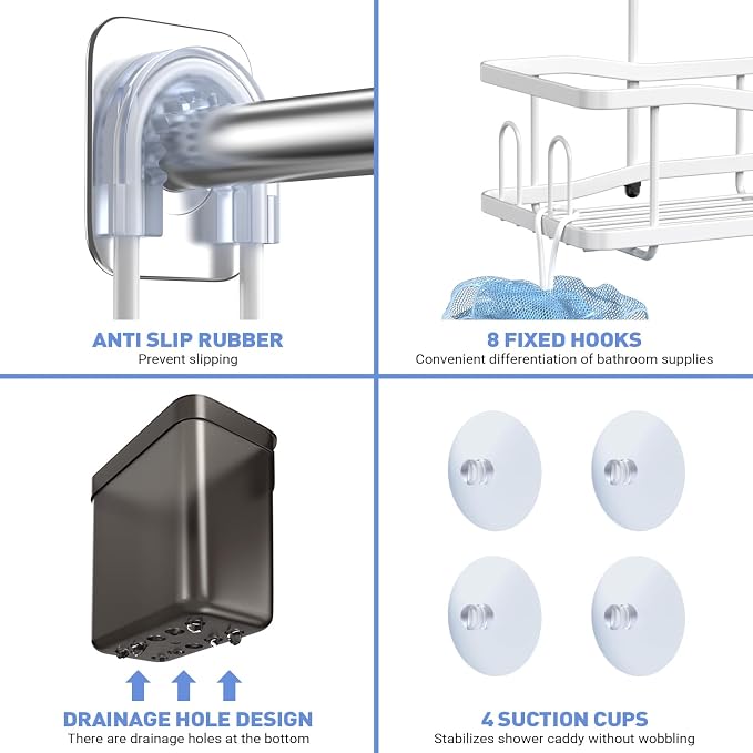 Hanging Shower Caddy Over Shower Head - No Drill Rustproof Shower Rack | Includes Soap Holder and Hooks for Shampoo, Conditioner, and Bathroom Essentials with Stable Storage in Any Shower Space