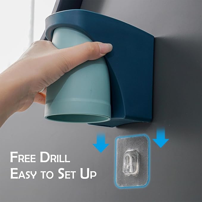 Blue Magnetic Cup Holder for Bathroom, sgzscl Toothbrush Wall Mounted Toothpaste Storage Drain Drill-Free Space Saving Organizer for Family Members