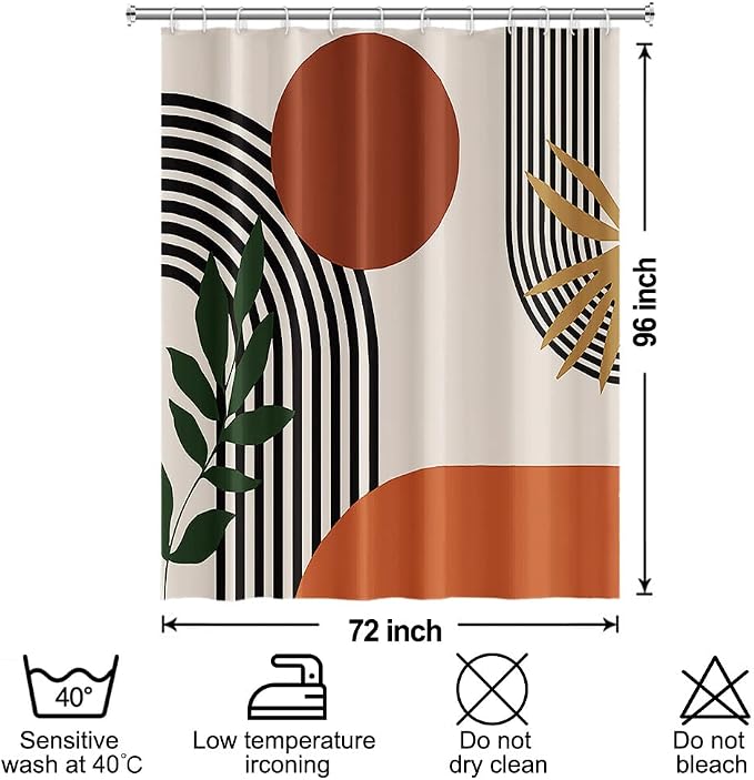 Mid Century Boho Shower Curtain with Hooks for Bathroom 72x96 Inch | Waterproof Abstract Sun Leaves and Arch Shower Curtain Set, Soft Terracotta Bathroom Decor
