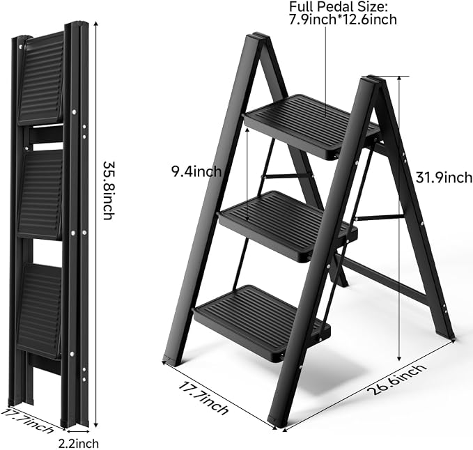 3 Step Ladder, Folding Step Stool, Lightweight Stepladder, Black | Anti-Slip 7.9'' Wide Pedal;Space-Saving;For Kitchen, Home, Library, Office Use;300lbs Capacity