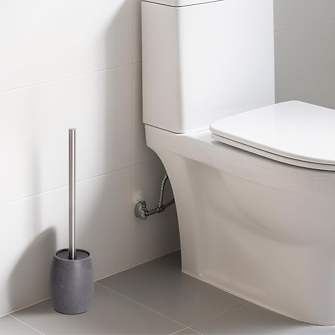 Clasin Home Toilet Bowl Brush and Holder with Stainless Steel Long Handle, Toilet Scrubber Brush with Durable Base, 360° Deep Cleaning Bristles for Bathroom, Compact Set for Small Space (Gray)