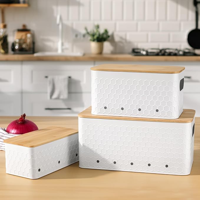 Kitchen Vegetable Storage Set of 3, Metal Onion Garlic Potato Storage Set, Kitchen Canisters Vegetable Keeper Containers with Aerating Holes and Bamboo Lid,Embossed White