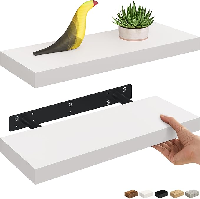 Ballucci Floating Shelf, 2-Pack 16" White Floating Shelves for Wall, Wood Wall Shelf for Living Room, Bedroom, Kitchen, Bathroom Wall Décor, 6" Deep Wall Shelves