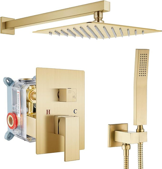 gotonovo Shower Faucet Set with Handheld Spray Brushed Gold,10'' Head | SUS304 Rainfall Shower Head and Handle Set System Fixture,Pressure Balance Valve Trim Kit,Single Handle,Wall Mount,All Metal