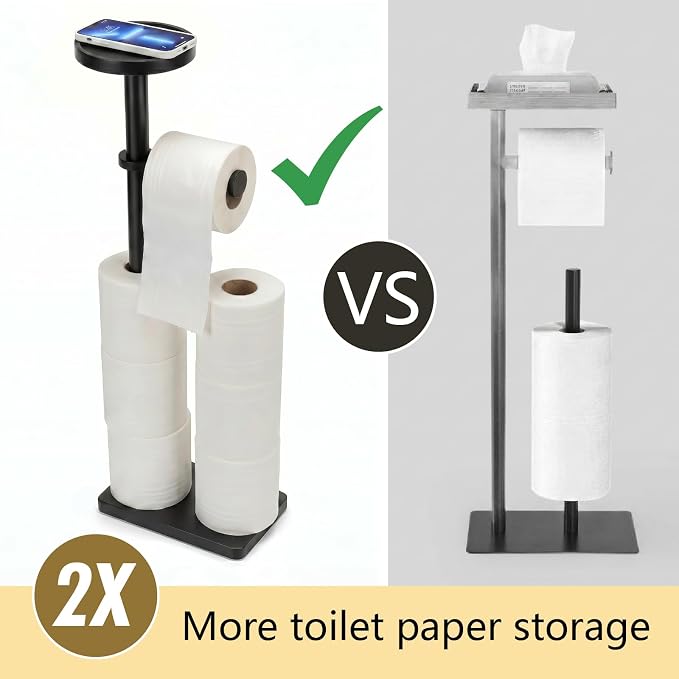 Toilet Paper Holders Free Standing, Holds up to 7 Rolls Toilet Paper Stand with Storage, Bathroom Toilet Paper Organizer with Top Shelf for Small Items, 1-Min Rotating-Lock Assembly, Black,L