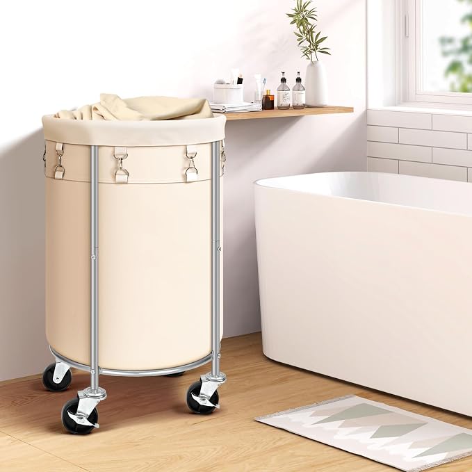 100L Round Rolling Laundry Hamper Basket with Wheels, Beige | Laundry Sorter Cart with Removable Bag, Clothes Organizer, Metal Frame, Bedroom, Bathroom, Laundry Room, Dorm Use