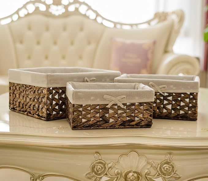 Rectangular Woven Seagrass Storage Bin with Handle,Kingwillow. (water hyacinth, Large)