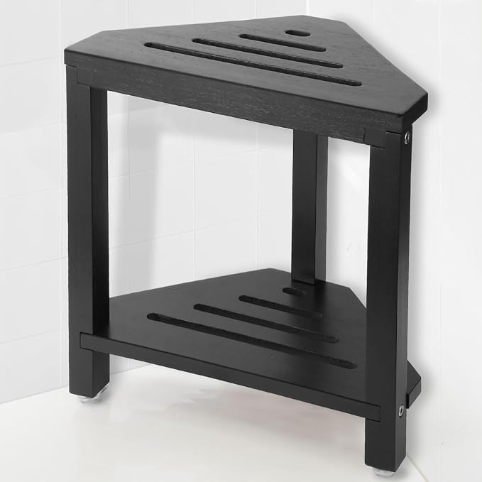 IBosins Corner Shower Stool for Shaving Legs Small Bench with Storage Shelf | Acacia Wood Shower Chair for Inside Shower Foot Rest Wooden Seat for Bathroom Living Room Bedroom (16.1 Inch, Black Finish)