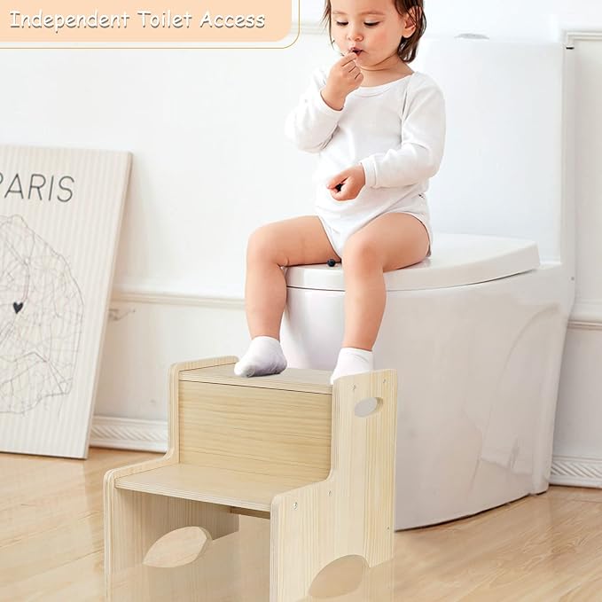 Toddler Step Stool for Kids, Wooden Two Step Children's Stool with Handles, Bonus Non-Slip Pads for Safety, Bathroom Potty Stool & Kitchen Step Stools Dual Height