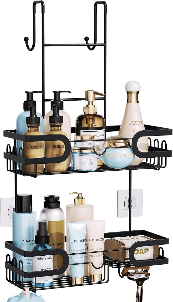 HapiRm Hanging Shower Caddy Over the Door with 14 Hooks and Soap Holder, No Drilling Adhesive Shower Storage, Rustproof & Waterproof Stainless Steel Bathroom Shelves - Black