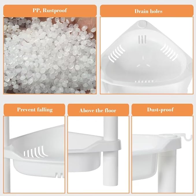 ELYKEN Corner Shower Caddy Standing, 4 Tier Plastic Shower Organizer, White | Rustproof Plastic Shower Shelves with Hook for Storing Bath Essentials in Bathroom corner, Bathtub