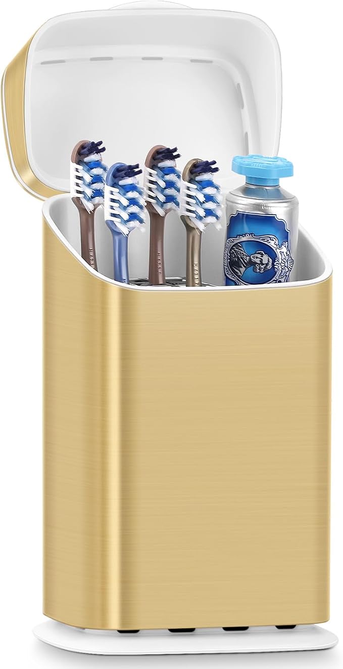 GFWARE Gold Bathroom Toothbrush Holder with Cover, Ventilated & Drainage | Detachable 5 Slots Bathroom Organizer for Toothbrush and Toothpaste, Waterproof & Dustproof, Fits Toothbrushes Under 7.5 In