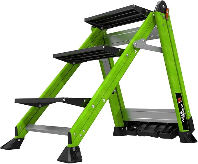 Little Giant Jumbo Step 3-Step Foldable 3 ft Fiberglass Stool, 11933 | Foldable Non-Conductive Fiberglass Step Stool, Extra-Wide Stair-Like Treads, Rotating Handrail, 375 lbs. Weight Capacity