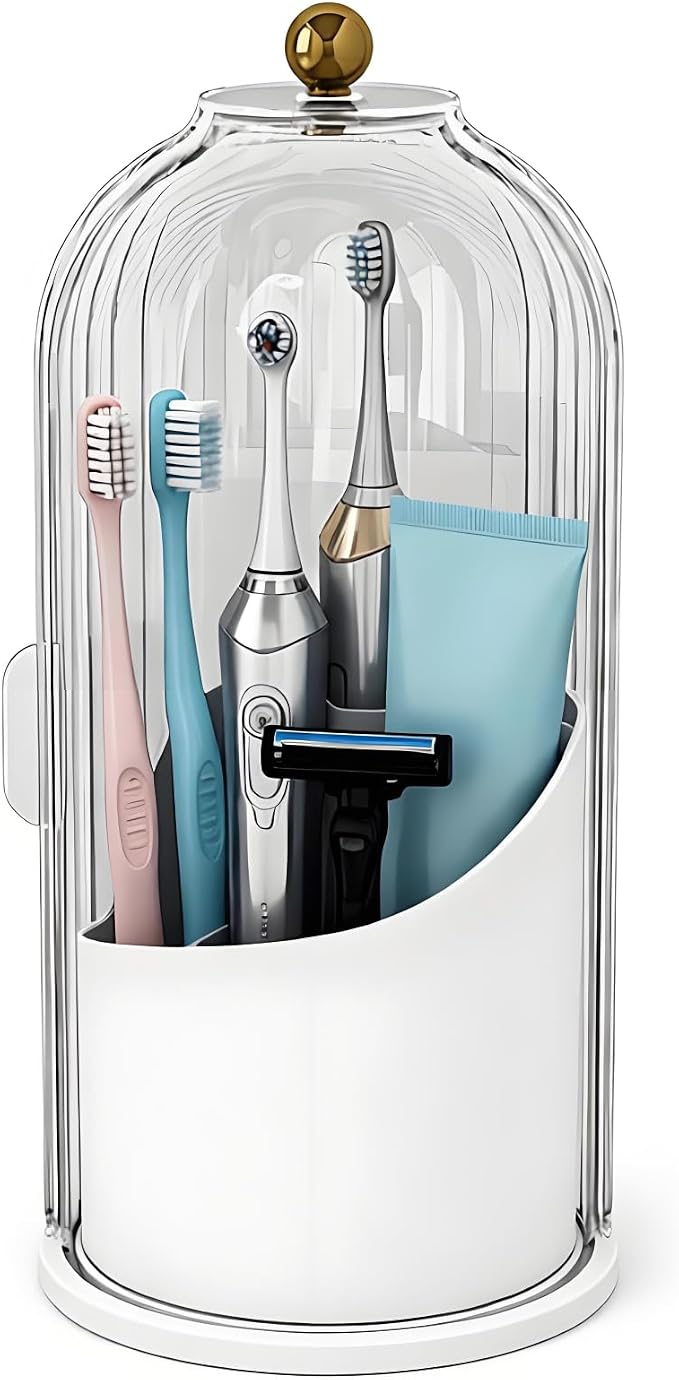 JEESA Dustproof Toothbrush Holder with Cover, Transparent/White | 360° Rotating, 180° Sliding Lid, 3 Slots, Toothbrush Organizer, for Bathroom Countertop