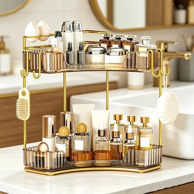 2-Tier Corner Bathroom Counter Organizer，Makeup & Skincare Shelf with Built-in Brush Holder，Space-Saving Bathroom Countertop Organizer for Skincare, Perfume, Cosmetics(Amber)