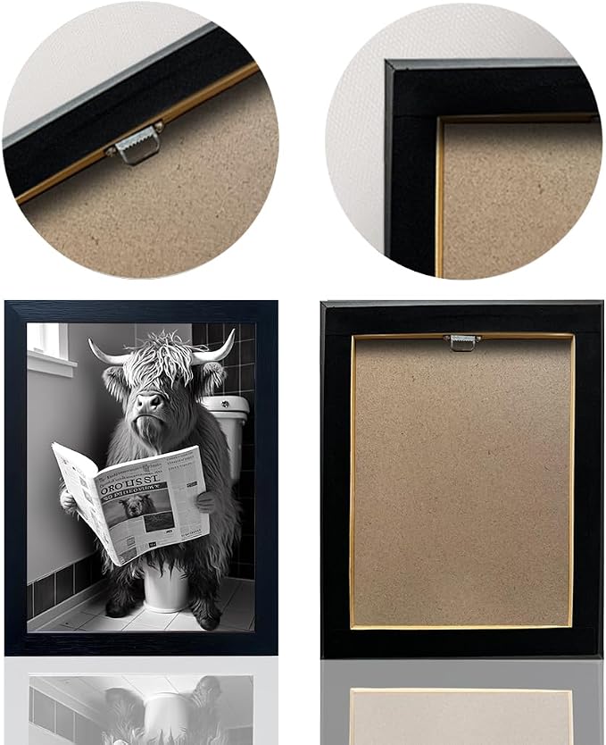 Framed Black and White Bathroom Artwork Highland Cow with Toilet Paper on Head Canvas Wall Art Toilet Decor Cow Pictures Wall Decor Animal Bathroom Wall Art for Home