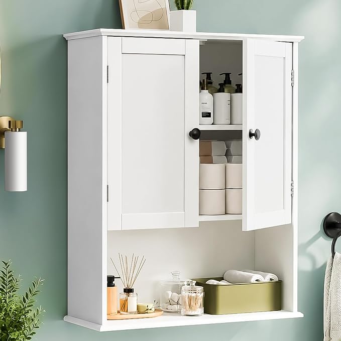 Bathroom Wall Cabinet, 30" x 24" White Painted Finish Wooden Wall Mounted Medicine Cabinet with 3 Level Adjustable Shelf, Over the Toilet Storage Cabinet, Wall Storage Cabinet for Bathroom