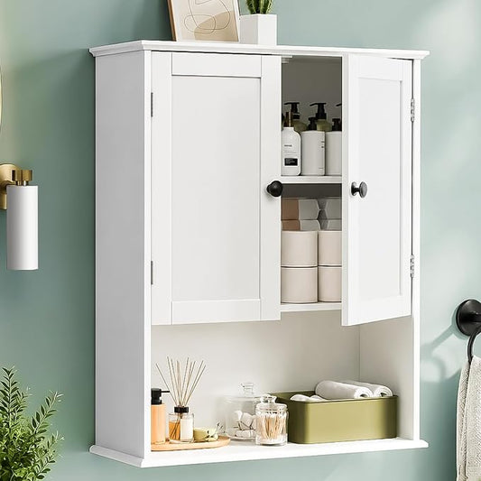 Bathroom Wall Cabinet, 30" x 24" White Painted Finish Wooden Wall Mounted Medicine Cabinet with 3 Level Adjustable Shelf, Over the Toilet Storage Cabinet, Wall Storage Cabinet for Bathroom