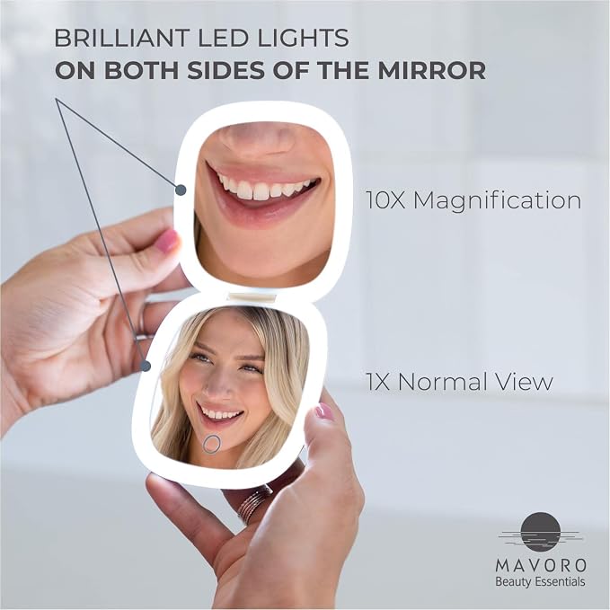 LED Lighted Travel Makeup Mirror 1x/10x, USB-C Rechargeable(Champagne Gold)