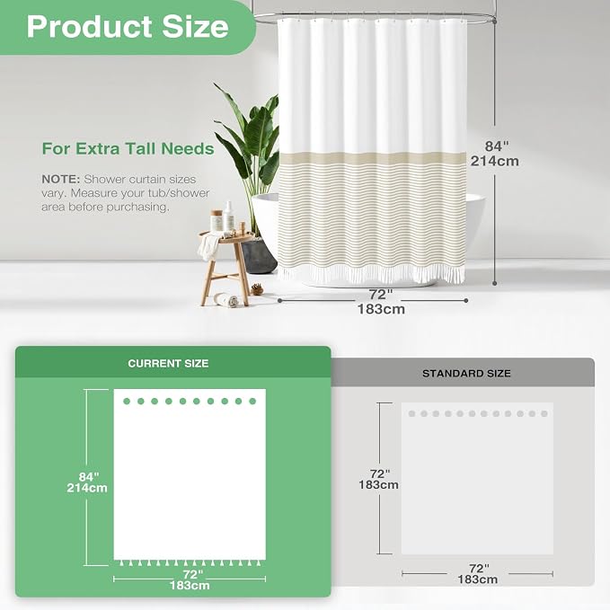 Extra Long Shower Curtains, 84 Inches Long Farmhouse Boho Striped Fabric Tassel Shower Curtains for Bathroom, Tall Bohemian Textured Cloth Shower Curtain Set with Hooks, Cream, 72x84