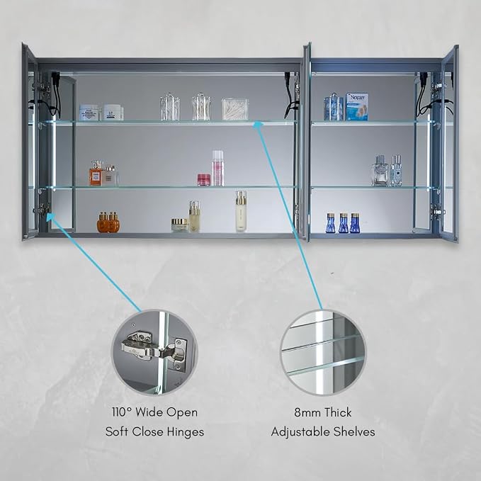 Blossom LED Lighted Bathroom Medicine Cabinet Mirror, Defogger, 60x26 | Bathroom Storage Cabinet, Medicine Cabinets Organizer, Vanity Mirror with Storage, Recessed/Surface Mount, Adjustable Shelves
