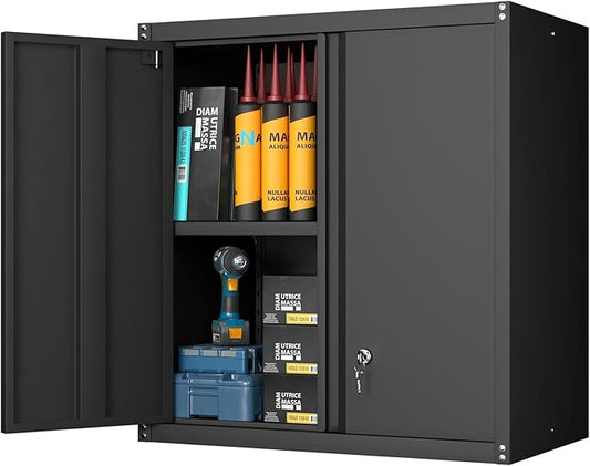 GREATMEET Locking Metal Wall Cabinets for Garage, Garage Cabinets Wall Mount, Steel Floating Hanging Storage Cabinet with Doors and Adjustable Shelf for Utility Room | 27.95" H Wall Mount Storage Cabinet, Steel Hanging Utility Tool Cabinet for Garage S...