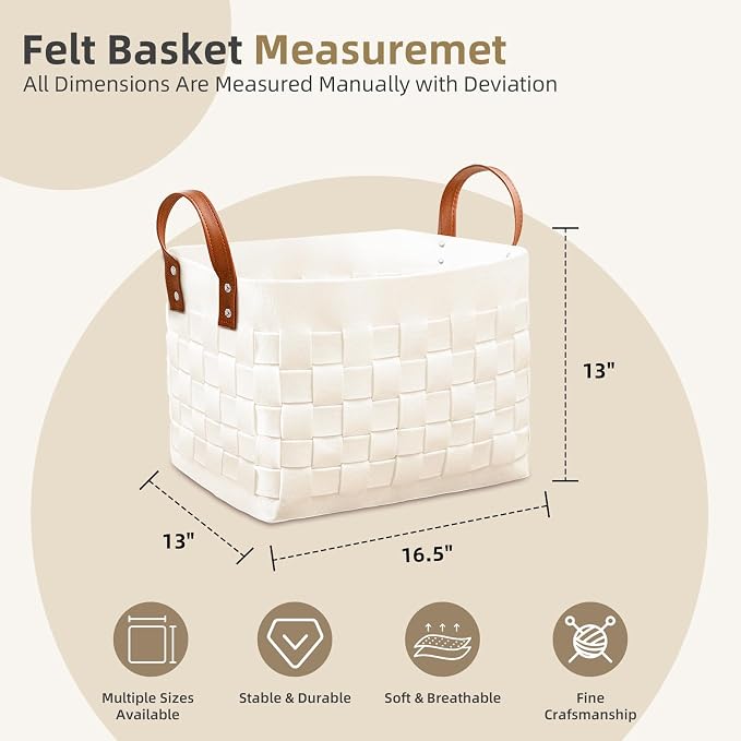 Blankets Basket 16.5 " x13 x13 , Large Rectangular Laundry Hamper with Leather Handle, Soft Dog Toy Basket for Storage-Beige