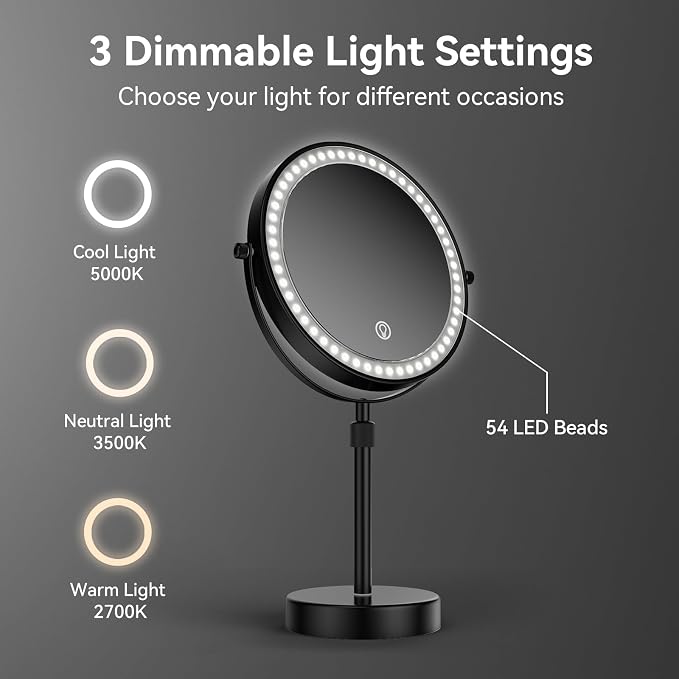 Nicesail LED Lighted Makeup Mirror Tabletop, Black 8 Inch 10X Height Adjust | 10X Magnifying Mirror with 3 Color Lights, Brightness Height Adjustable, 15''~19'' Double Sided Touch Switch Desk Mirror