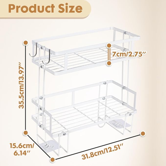 ShellKingdom Over The Toilet Storage Shelf, 2 Tier Toilet Paper Holder Rack | Punch-Free Bathroom Storage Rack with 2 Hooks, Small Space Organizers for Bathroom, Home, White