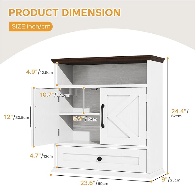 Bathroom Wall Cabinet, Wall Mounted Medicine Cabinet 24.4"H x 23.6"W x 9"D | With Drawer, Barn Doors & Adjustable Shelf, White Over Toilet Farmhouse Storage Cabinet for Kitchen, Laundry Room, Entryway