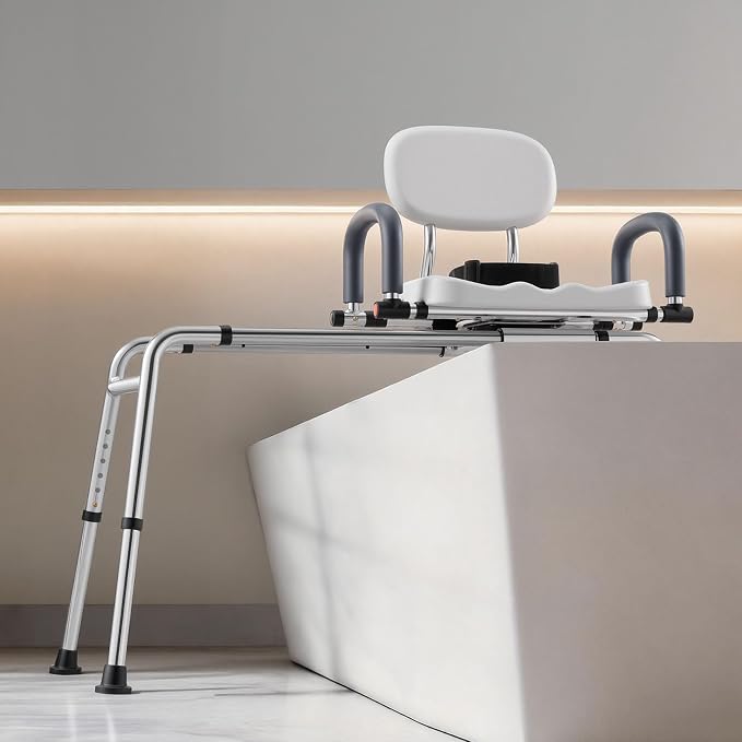 VEVOR Sliding Shower Chair, 400 lbs Tub Transfer Bench for Bathtub with Swivel Seat, Shower Bench with Pivoting Arms and Backrest, Height & Width Adjustable for Handicap, Seniors, Elderly and Disabled