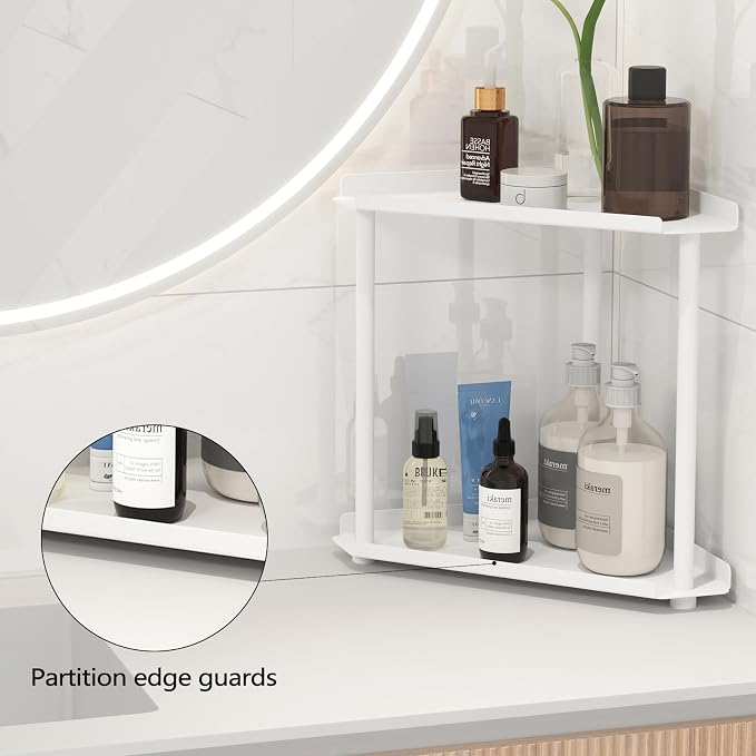 FLE Corner Bathroom Counter Organizer, Bathroom Organizer Countertop White | 2 Tier Corner Shelf, Tabletop Mount,Waterproof Solid Shelf Fits Bathroom Toiletries and Kitchen Condiment Storage