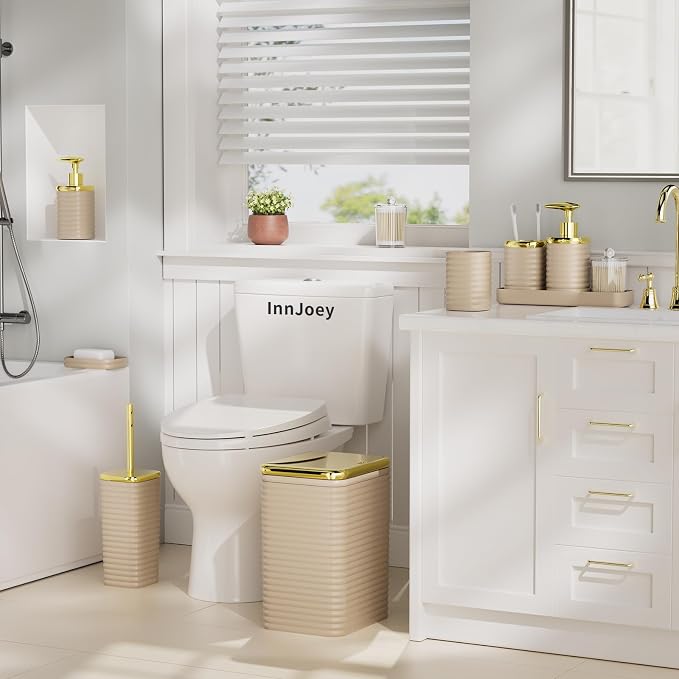 Bathroom Set - 10PC Bathroom Accessory Set, Beige Bathroom Set, Luxury Bathroom Accessories Set, Trash Can, Toilet Brush, Soap Dish, Qtip Holder & Soap Dispenser