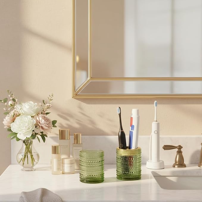 Green Toothbrush Holders, 2pcs Glass Toothbrush Holder Set, 10oz Bathroom Tumbler Cup, Gold Tooth Brush Holder Storage Cup Organizer for Bathroom Accessories, Brushes,Toothpaste,Razor